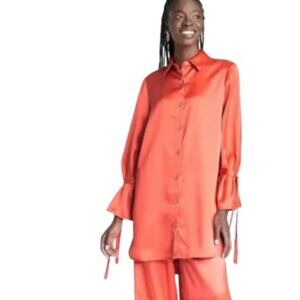 Sammy B Womens Mini Shirt Dress Vibrant Orange Shiny Satin Tie Sleeves L New